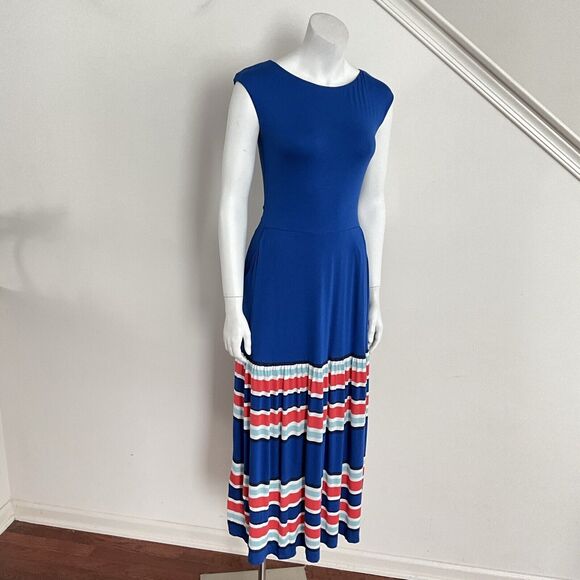 Boden Maxi Blue Eda Dress Striped Hem Cap Sleeve Stretch Belted 6 - Picture 12 of 13